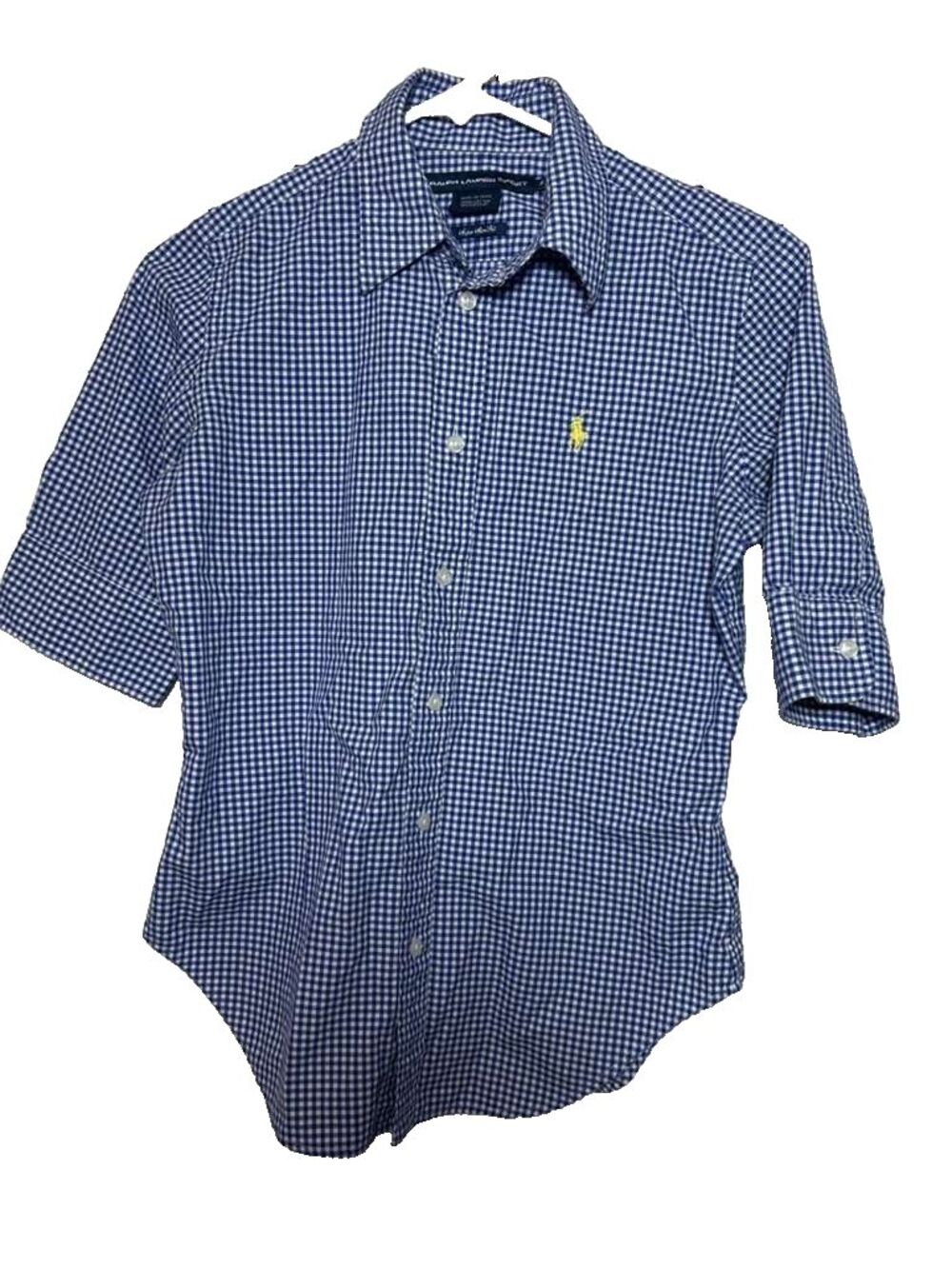 Ralph Lauren Sport Shirt Gingham Button Down Women Size 4 Blue Super Slim Fit